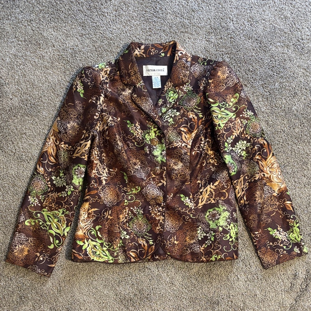 Victor Costa Brown/Green Multicolor Patterned Blazer, Size 10